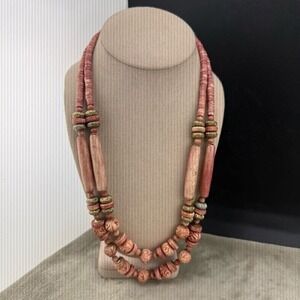 Vintage Beaded Polished Stone Necklace Pink Layered 23"‎